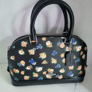 Coach Mini Sierra Satchel Tea Rose Floral Print Coated Canvas Black Gently Used